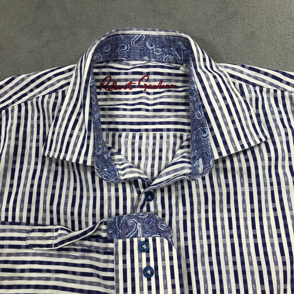 Robert Graham Shirt Boys Size XL White Blue Striped Flip Cuff Button Up Youth